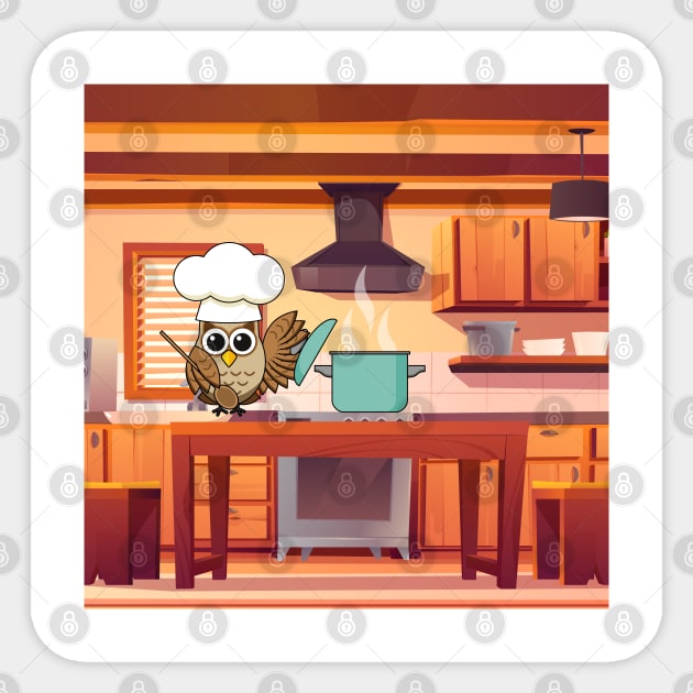 Cute Chef Owl Cooking in Kitchen Sticker by BirdAtWork